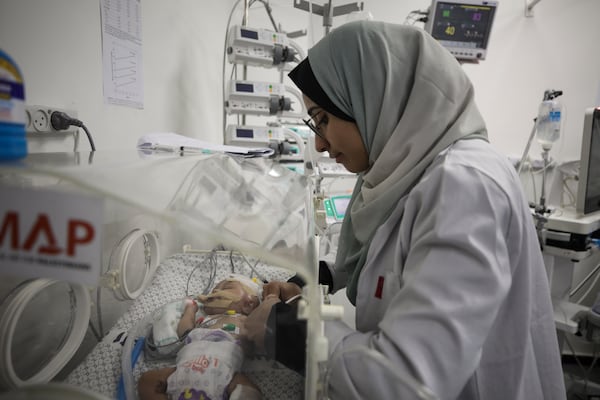 A two-month-old Palestinian baby, Eila Sarsak, receives treatment in an incubator at the Patient Friends Hospital in Gaza City, where she has been in intensive care for ten days due to the effects of the cold weather, on Tuesday, Feb. 25, 2025. (AP Photo/Jehad Alshrafi)