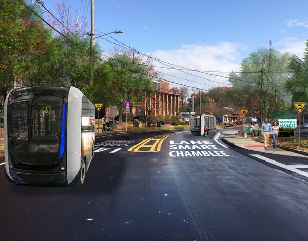 A rendering of self-driving shuttles on Peachtree Road in Chamblee. (Photo: City of Chamblee, via Stantec)