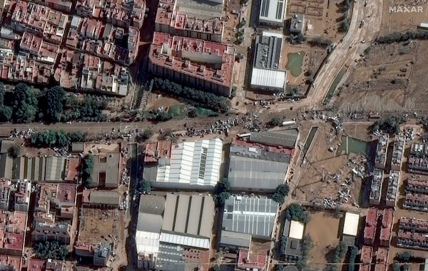 This satellite image released by Maxar Technologies shows mud caused by floods in Valencia, Spain, Thursday Oct. 31, 2024. (Satellite image ©2024 Maxar Technologies via AP)