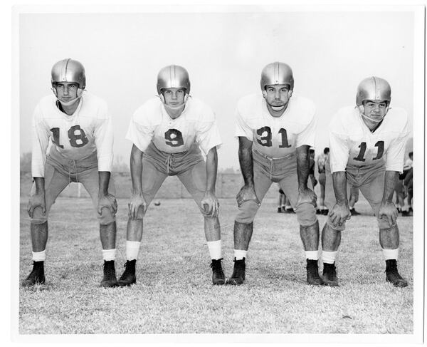 A 1952 photo of Georgia Tech’s starting backfield from its SEC and Sugar Bowl champion team that finished 12-0 and was named national champion by the International News Service. From left to right, quarterback Bill Brigman, halfback Billy Teas, fullback Glen Turner and halfback Leon Hardeman. (Georgia Tech Archives)