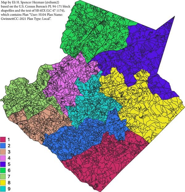 A map of the proposed districts for the Gwinnett County Board of Commissioners if five new seats are added to the board. (Courtesy of Eli H. Spencer Heyman / elium2.com)