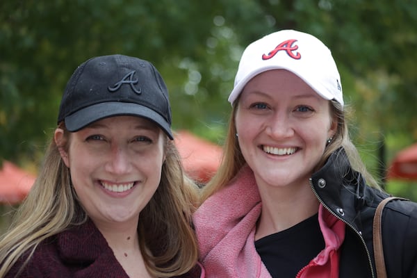 Braves fans Sally Rives, left, and Betsy Rives attended the Braves' World Series celebration parade in Atlanta on Nov. 5, 2021. (Photo by Anfernee Patterson/AJC)