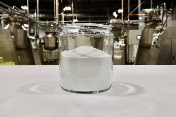 This is a jar of lithium carbonate, a refined product produced from recycled electric vehicle batteries produced at the Ascend Elements facility in Covington. Courtesy of Ascend Elements