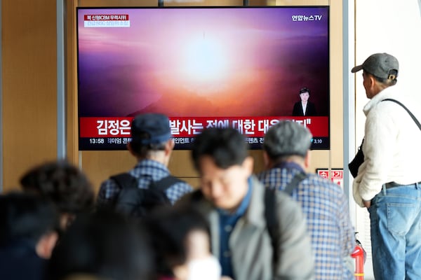 A TV screen shows an image of North Korea's an intercontinental ballistic missile launch during a news program at the Seoul Railway Station in Seoul, South Korea, Thursday, Oct. 31, 2024. (AP Photo/Lee Jin-man)