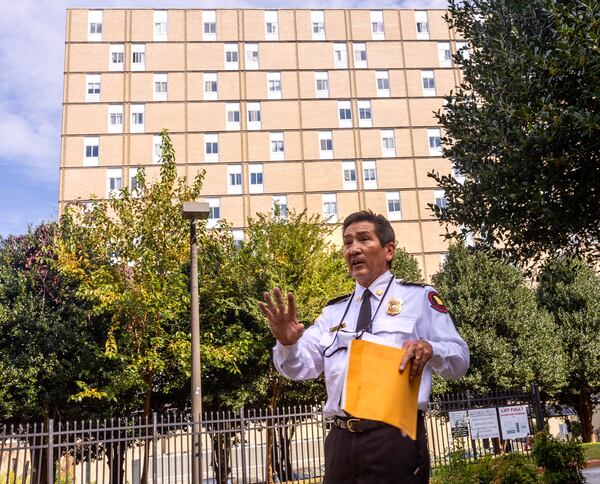 State Fire Marshal Craig Landolt finishes an inspection of the apartment complex at 444 Highland Ave. on Friday, Oct. 1, 2021. The Safety Fire Division of the Insurance and Safety Fire Commissioner's Office continues investigating regulatory and safety violations of the building's boilers and elevators. A prep-school student living in the building died in one of the elevators in August. Landolt provided a copy of the letter sent to residents advising caution but not closing the building. (Jenni Girtman for The Atlanta Journal-Constitution)