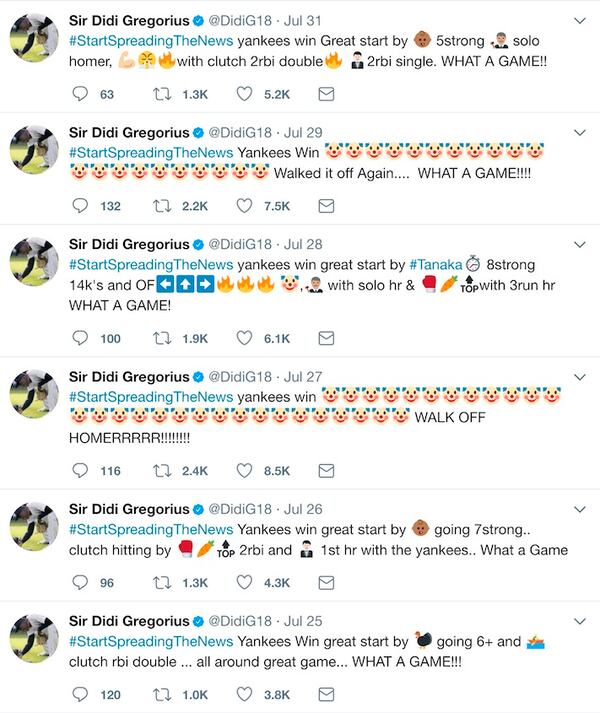 In this image from Twitter, New York Yankees Didi Gregorius creatively used emojis to recap Yankees wins on his Twitter feed. A franchise known for the Babe, the Boss and the Iron Horse has a new set of nicknames. Clown face (Brett Gardner) is in left, bow and arrow (Jacoby Ellsbury) competes for time in center and male judge (medium skin tone) is stationed in right, Aaron Judge, if you haven't figured that out. These monikers are all bestowed by  Gregorius. After wins, the shortstop tweets highlights and praise using emojis for teammates in his own digital hieroglyphs. (Twitter via AP)