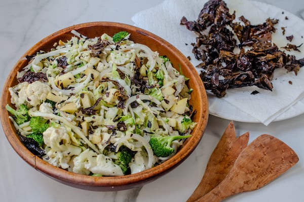 Winter Slaw with Dulse Bacon Bits combines the flavors of the familiar with something new, a perfect way to add seaweed to your pantry. (Virginia Willis for The Atlanta Journal-Constitution)