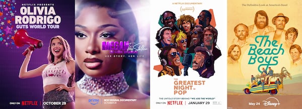 This combination of photos show promotional art for music documentaries, from left, "Olivia Rodrigo: Guts World Tour," "Megan Thee Stallion: In Her Words," "The Greatest Night in Pop," and "The Beach Boys." (Netflix/Prime/Netflix/Disney+ via AP)