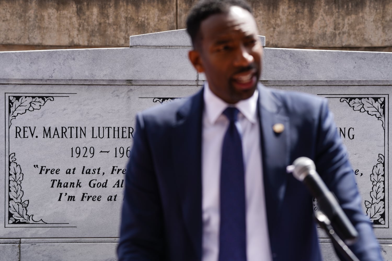 Atlanta Mayor Andre Dickens speaks at a wreath laying ceremony at The King Center on the 54th anniversary of the assassination of Dr. Martin Luther King Jr., on Monday, April 4, 2022, in Atlanta. (Elijah Nouvelage/Special to the Atlanta Journal-Constitution)