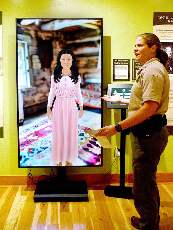 Park Manager Erin Medley explains the creation of the avatar at Red Clay State Historic Park. (Photo Courtesy of Robin Rudd)