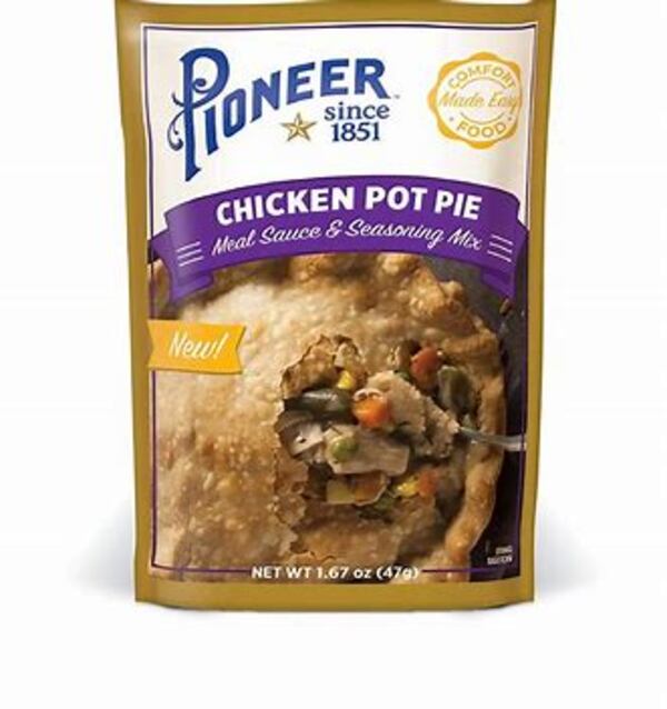 Ingredients in Pioneer Chicken Pot Pie Meal Sauce and Seasoning mix include wheat flour, palm oil, onion, corn syrup solids, chicken broth and spices.