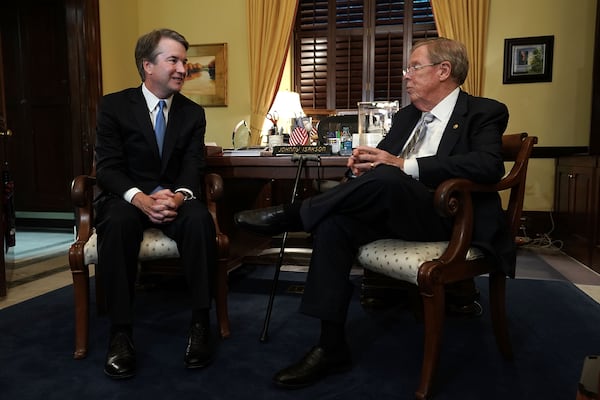 U.S. Sen. Johnny Isakson, R-Ga., right, meets with Supreme Court nominee Judge Brett Kavanaugh in his office on Capitol Hill on July 17, 2018 .  (Photo by Alex Wong/Getty Images)