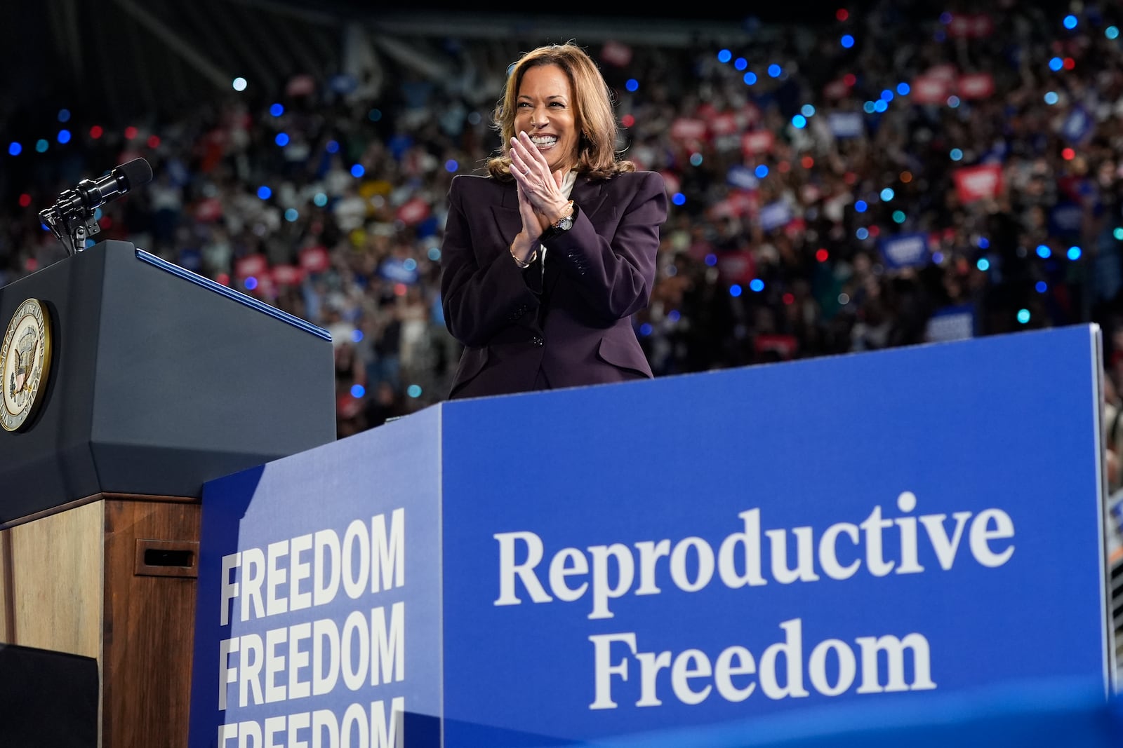 Democratic presidential nominee Vice President Kamala Harris on stage before speaking at a rally in Houston, Friday, Oct. 25, 2024. (AP Photo/Susan Walsh)