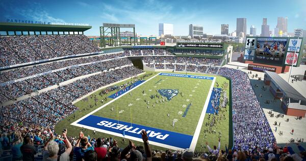 A rendering of Turner Field as a Georgia State Panthers football stadium, the cornerstone of a $300 million mixed-use development and southern extension of Georgia State's campus. The stadium is slated for conversion into a football stadium with an initial capacity of 23,000 seats that could expand to 33,000. Source: Georgia State