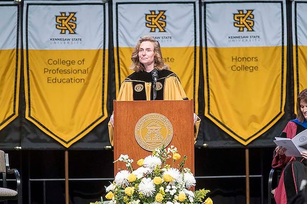 05/09/2019  -- Kennesaw, Georgia -- Kennesaw State University president Pamela S. Whitten speaks during the 223rd Kennesaw State University commencement ceremony at the convocation center on the university's main campus in Kennesaw, Thursday, May 9, 2019. (ALYSSA POINTER/ALYSSA.POINTER@AJC.COM)