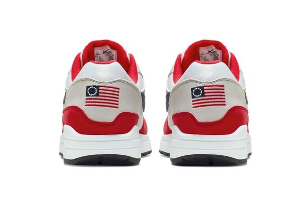 This undated product image obtained by AP shows Nike Air Max 1 Quick Strike Fourth of July shoes that have a U.S. flag with 13 white stars in a circle on it, known as the Betsy Ross flag, on them. Nike is pulling the flag-themed tennis shoe after former NFL quarterback Colin Kaepernick complained to the shoemaker, according to the Wall Street Journal.