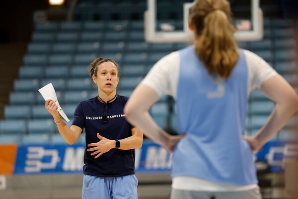 Columbia head coach Megan Griffith talks to her team at practice in Chapel Hill, N.C., Wednesday, March 19, 2025, before their First Four basketball game in the NCAA Tournament against Washington on March 20. (AP Photo/Nell Redmond)