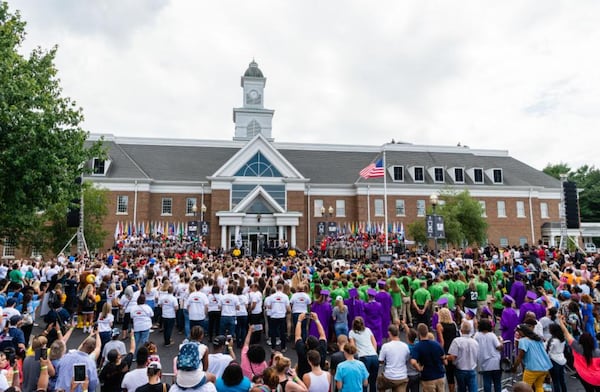 AKRON, OH - JULY 30: LeBron James addresses the crowd the opening ceremonies of the I Promise School on July 30, 2018 in Akron, Ohio. The School is a partnership between the LeBron James Family foundation and the Akron Public School and is designed to serve Akron's most challenged students. (Photo by Jason Miller/Getty Images)