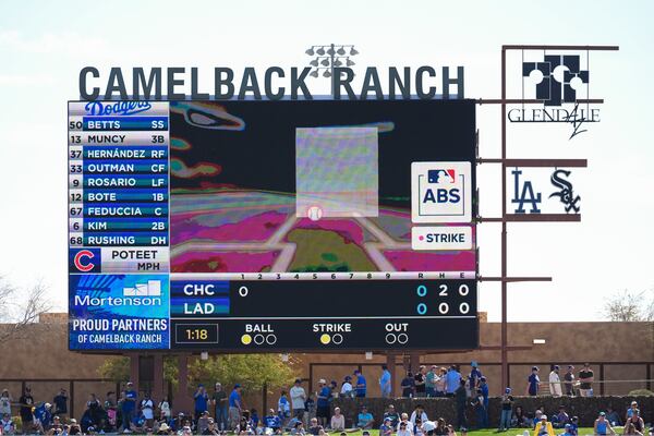 A replay shows on the scoreboard using the Automated Ball-Strike System during the first inning of a spring training baseball game between the Chicago Cubs and the Los Angeles Dodgers, Thursday, Feb. 20, 2025, in Phoenix. (AP Photo/Ashley Landis)