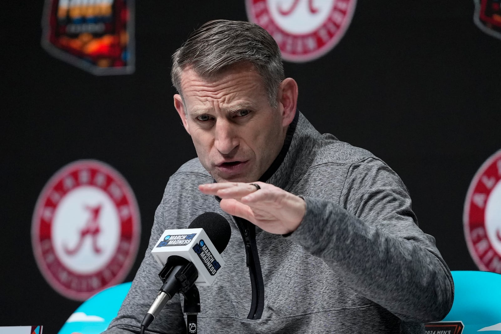 FILE - Alabama head coach Nate Oats speaks to the media during a news conference ahead of a Final Four college basketball game in the NCAA Tournament, Thursday, April 4, 2024, in Glendale, Ariz. (AP Photo/David J. Phillip, File)