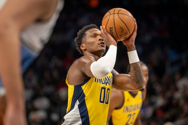 Indiana Pacers guard Bennedict Mathurin (00) makes a free throw during the first half of an NBA basketball game between the Atlanta Hawks, Saturday, Mar. 8, 2025, in Atlanta. (AP Photo/Erik Rank)