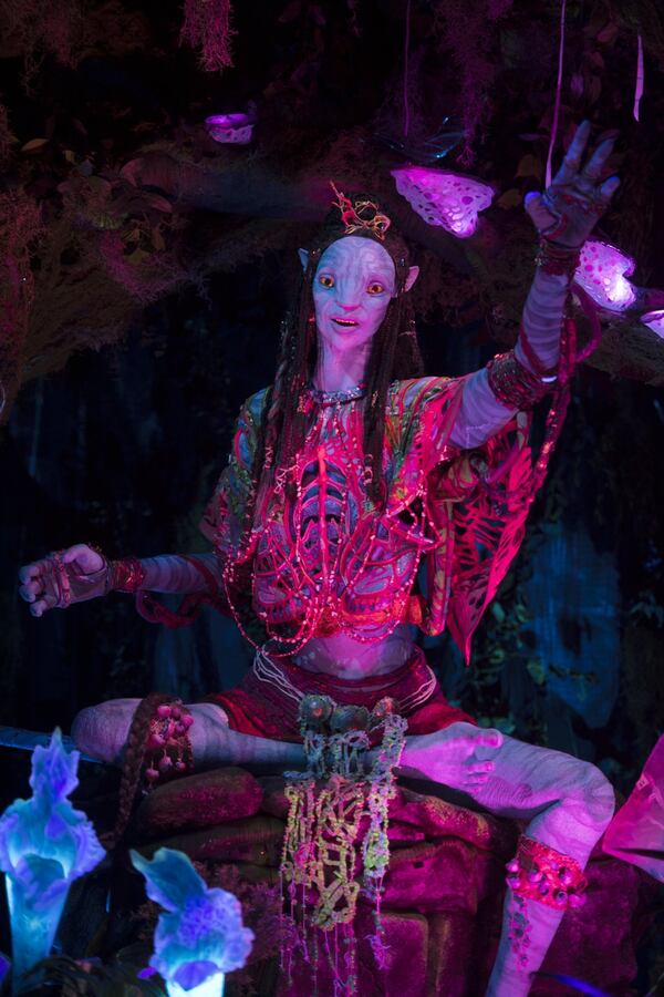 Na’vi River Journey culminates in an encounter with a Na’vi shaman, who has a deep connection to the life force of Pandora and sends positive energy out into the forest through her music. Kent Phillips/Walt Disney World