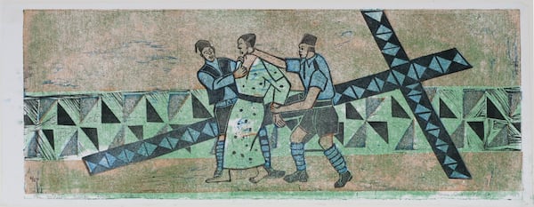 This image comes from Bruce Onobrakpeya's "Fourteen Stations of the Cross," a series of linoleum prints depicting the trial and death of Jesus in 20th-century Nigeria. Photo: Courtesy of High Museum of Art