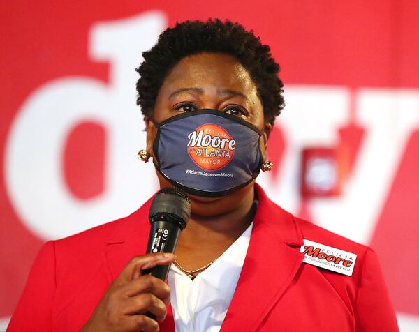 Mayoral candidate Felicia Moore, who is president of the Atlanta City Council, takes questions during a mayoral debate hosted by The Young Democrats of Atlanta at Manuel’s Tavern on August 4, 2021, in Atlanta.   (Credit: Curtis Compton / Curtis.Compton@ajc.com)