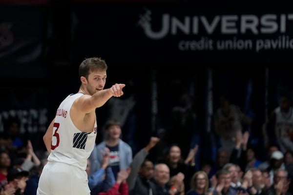 Saint Mary's guard Augustas Marciulionis reacts after making a 3-point basket during the first half of an NCAA college basketball game against Oregon State, Saturday, March 1, 2025, in Moraga, Calif. (AP Photo/Godofredo A. Vásquez)