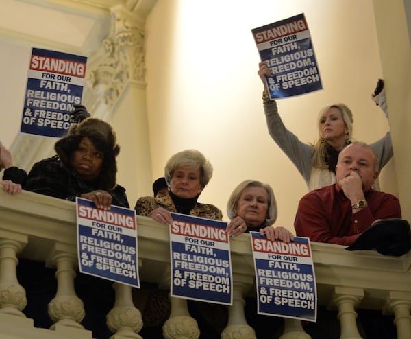 Supporters of the “religious liberty” measure at the Georgia statehouse. AJC file photo.