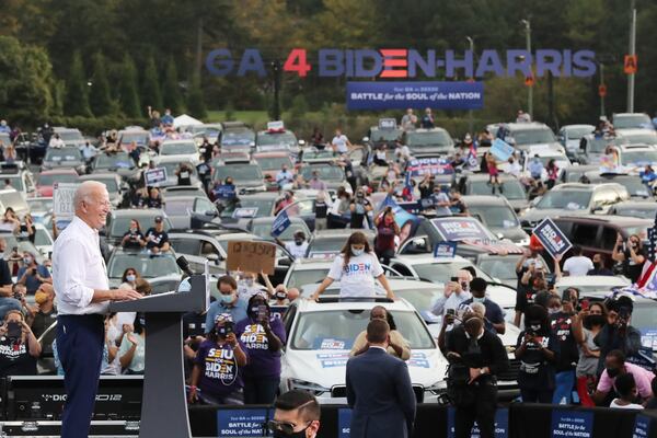 Democratic presidential candidate Joe Biden speaks at a drive-in rally event during his visit to Georgia at the amphitheatre at Lakewood on Tuesday, Oct. 27, 2020 in Atlanta, Georgia. (Curtis Compton/Atlanta Journal-Constitution/TNS)