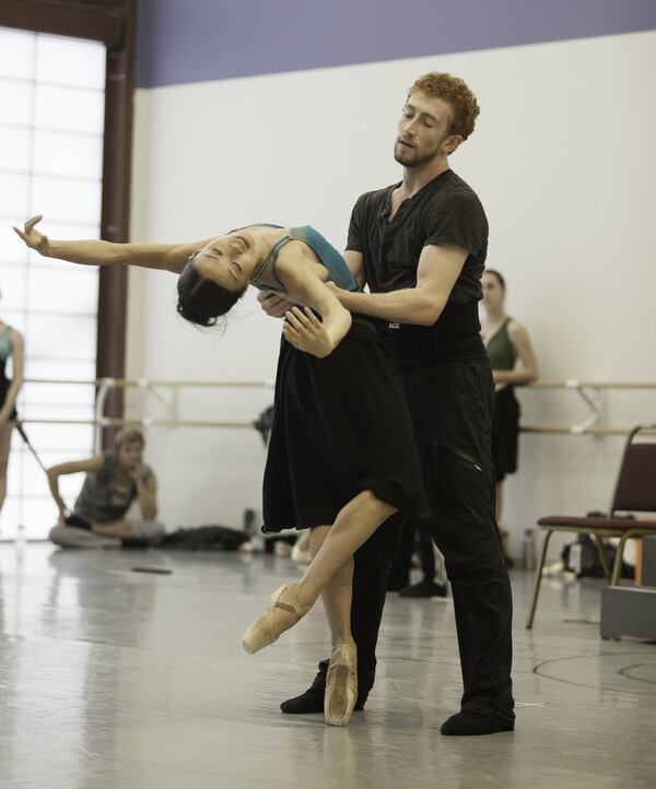 Tara Lee and Heath Gill rehearse as Esmeralda and Kilroy in Helen Pickett’s original 2015 ballet production based on the play “Camino Real.” CONTRIBUTED BY CHARLIE MCCULLERS / ATLANTA BALLET