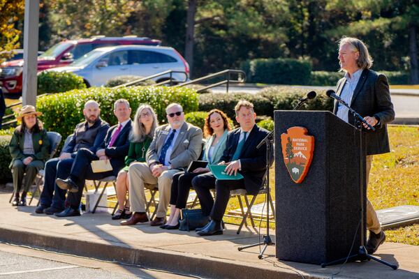 In October, representatives from the National Park Service, Irish government and Northern Ireland Bureau and others unveiled a plaque at Andersonville National Cemetery, honoring the hundreds of Irish Americans buried there. “If those men could have seen this moment. It is amazing, really,” said Nicholas Allen, right, an author who grew up in Belfast and who directs the Willson Center for Humanities and Arts at the University of Georgia. Photo by Jason Thrasher.