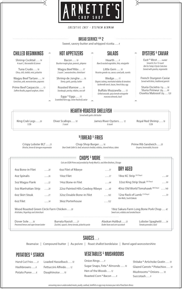 Menu for Arnette’s Chop Shop