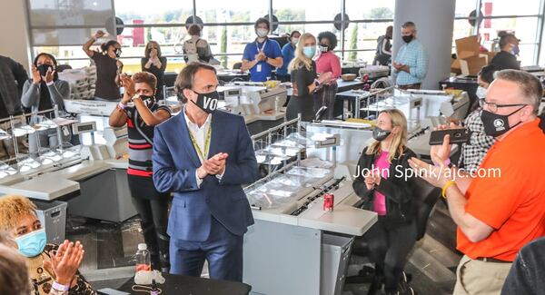 Fulton County elections director Richard Barron holds a briefing at State Farm Arena where absentee ballot processing is nearing completion.  (John Spink / john.spink@ajc.com)