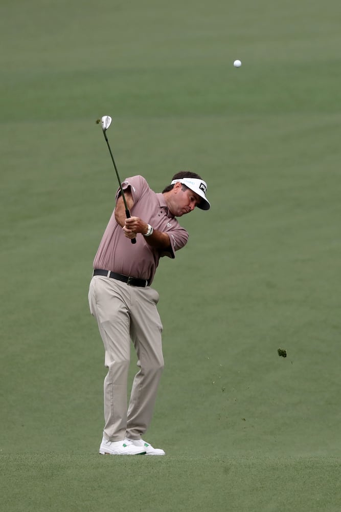 April 10, 2021, Augusta: Bubba Watson hits is third shot on the second hole during the third round of the Masters at Augusta National Golf Club on Saturday, April 10, 2021, in Augusta. Curtis Compton/ccompton@ajc.com