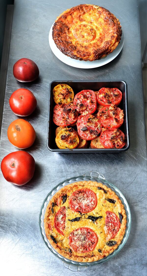 A tomato pie is perfect for the lazy days of summer: (from top) Ashley Christensen’s Homegrown Tomato Pie, Carla Hall’s Tomato Pie with Garlic Bread Crust, and Southern Tomato Pie. STYLING BY WENDELL BROCK / CONTRIBUTED BY CHRIS HUNT PHOTOGRAPHY