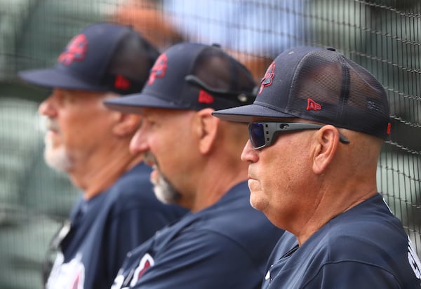 Braves pitching coach Rick Kranitz (left), bench coach Walt Weiss (center) and manager Brian Snitker think the team hasn't even scratched the surface of what it is capable of this season. (Curtis Compton / Curtis.Compton@ajc.com)