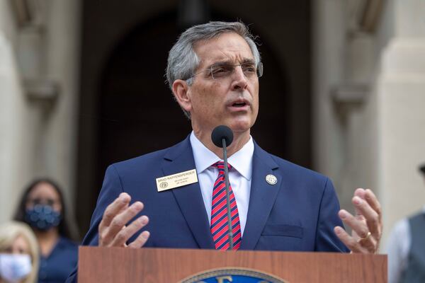 11/11/2020 —  Atlanta, Georgia — Georgia Secretary of State Brad Raffensperger announces the start of a hand recount of the November 3 presidential election during a briefing outside of the Georgia State Capitol building in downtown Atlanta, Wednesday, November 11, 2020.  (Alyssa Pointer / Alyssa.Pointer@ajc.com)