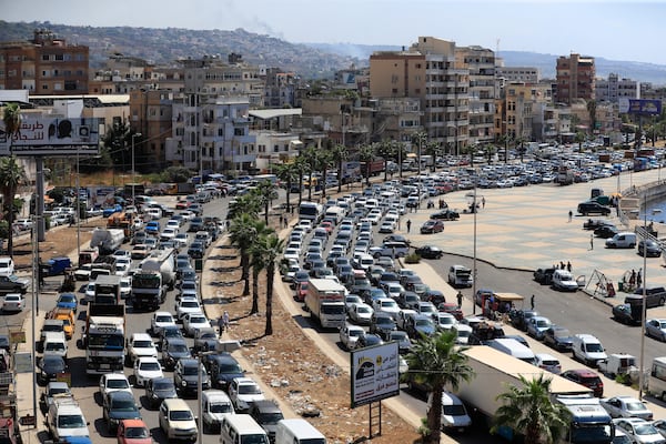 FILE - Cars sit in traffic as they flee southern villages in Sidon, Lebanon, on Sept. 23, 2024. (AP Photo/Mohammed Zaatari, File)