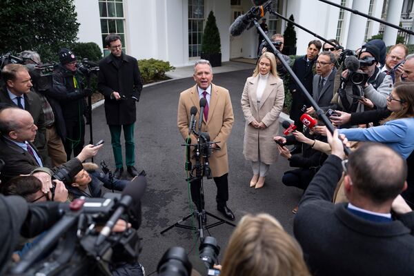 FILE - Steve Witkoff, White House special envoy, center, accompanied by White House press secretary Karoline Leavitt, speaks with reporters at the White House in Washington, March 6, 2025. (AP Photo/Ben Curtis, File)