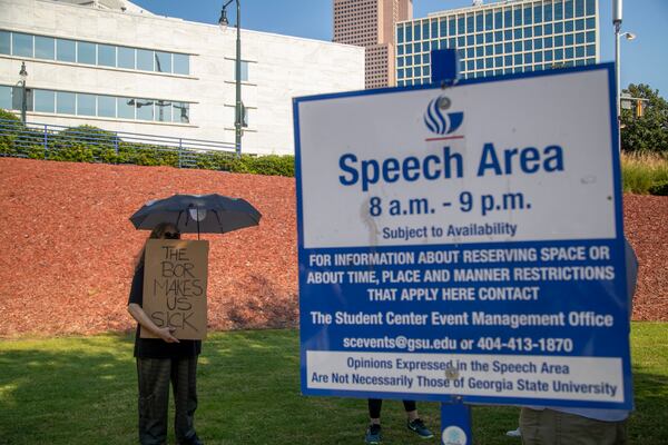 Georgia State University signage from 2021 depicts a speech zone. (Alyssa Pointer/AJC file photo)