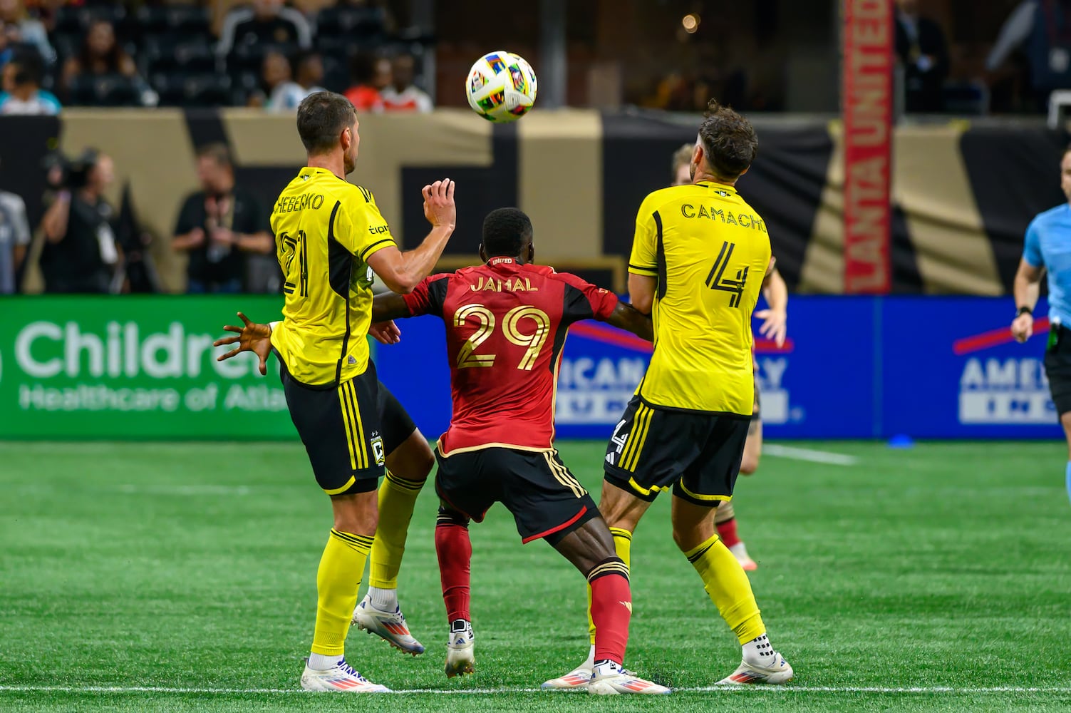 Jamal Thiaré attempts to control the ball during the Atlanta United game against Columbus Crew at Mercedes Benz Stadium in Atlanta, GA on July 20, 2024. (Jamie Spaar for the Atlanta Journal Constitution)