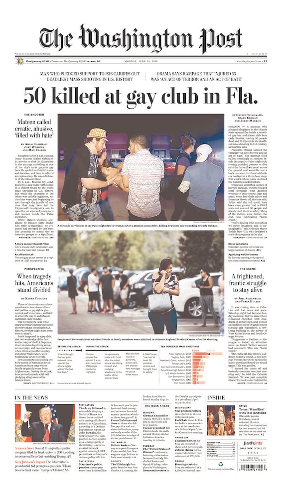 Newspaper front pages reflect Orlando tragedy