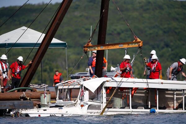 The duck boat has been brought up to the surface of Table Rock Lake. Crews continue to work on the salvage operation.