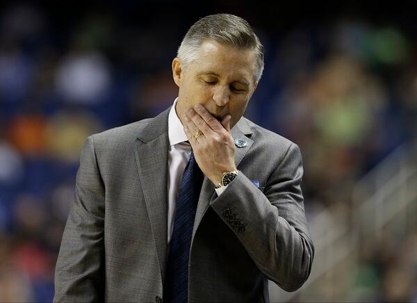 Georgia Tech head coach Brian Gregory reacts during the second half of an NCAA college basketball game against the Boston College in the first round of the Atlantic Coast Conference tournament in Greensboro, N.C., Tuesday, March 10, 2015. (AP Photo/Gerry Broome) Tech coach Brian Gregory during Tuesday's loss to Boston College. (Gerry Broome/AP photo)