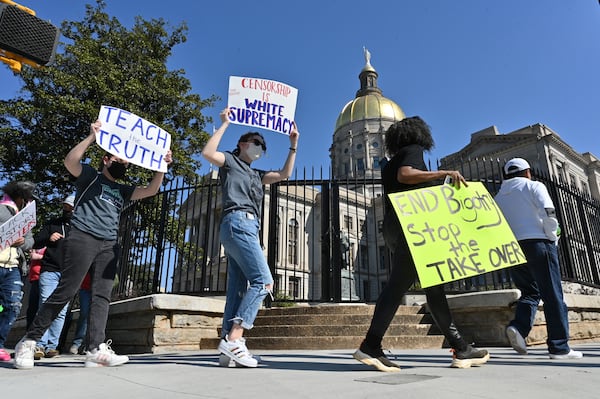 Educators, parents and activities rallied outside the Georgia State Capitol on Feb. 12, 2022 to protest legislation proposed by state GOP lawmakers that would limit what teachers may teach on race. (Hyosub Shin / Hyosub.Shin@ajc.com)