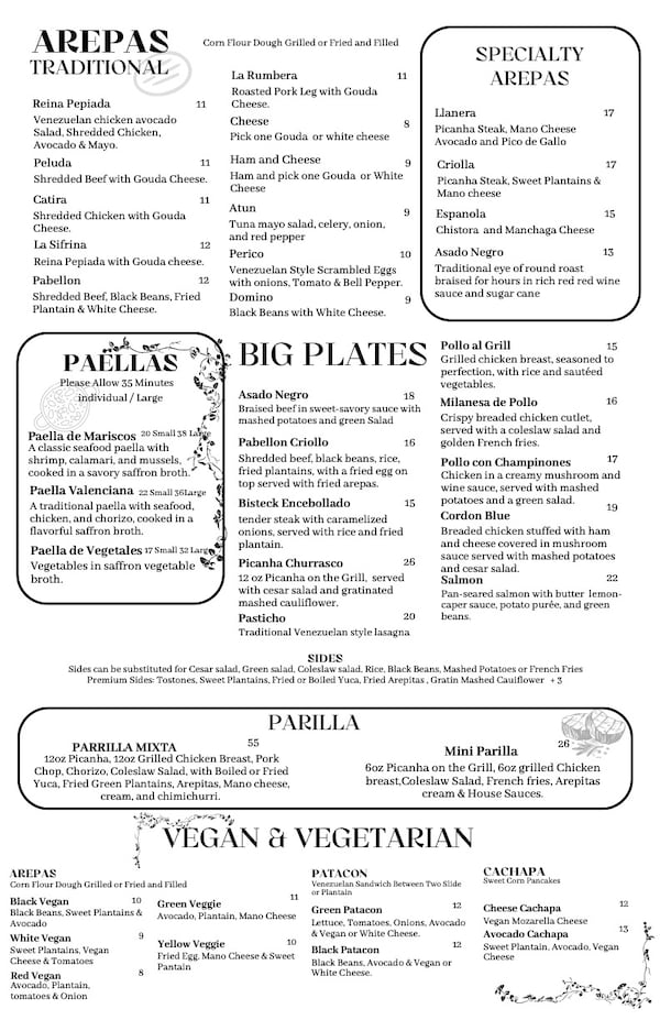 The menu of Arepa Grill Kitchen & Wine in Roswell.