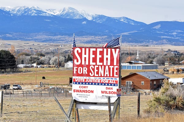 A sign for Republican Tim Sheehy's U.S. Senate campaign is seen along U.S. Interstate 90 on Nov. 1, 2024, near Whitehall, Mont. (AP Photo/Matthew Brown)