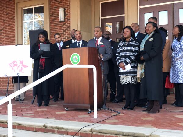 Stockbridge City Manager Randy Knighton speaks out on Eagle’s Landing cityhood at a press conference earlier this year at Stockbridge City Hall. LEON STAFFORD/AJC